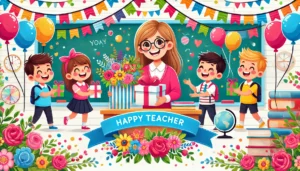 Inspirasi Kata-Kata Hari Guru Nasional 2024 2 DALL·E 2024 11 24 20.15.42 A joyful and colorful cartoon style banner celebrating National Teachers Day. The design features happy schoolchildren giving gifts and flowers to a