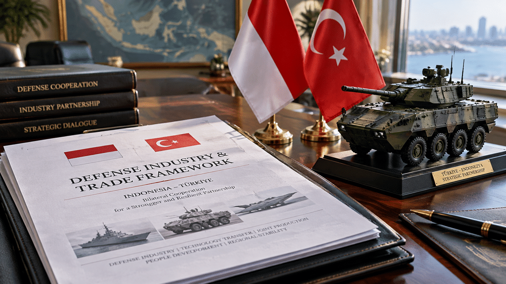 Miniatur kendaraan taktis militer dan dokumen nota kesepahaman kerja sama industri pertahanan bilateral di meja delegasi.